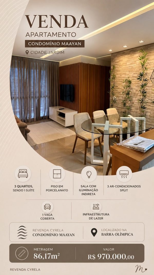 Condomínio Maayan em Cidade Jardim, Barra Olímpica, 86,17 m², 3 quartos, R$ 970.000 — revenda Cyrela